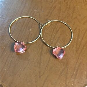 Gold Hoop Earrings with Pink Heart Charms!